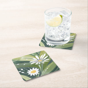 Dessous De Verre Carré Marguerites de printemps   Jardin floral blanc aqu