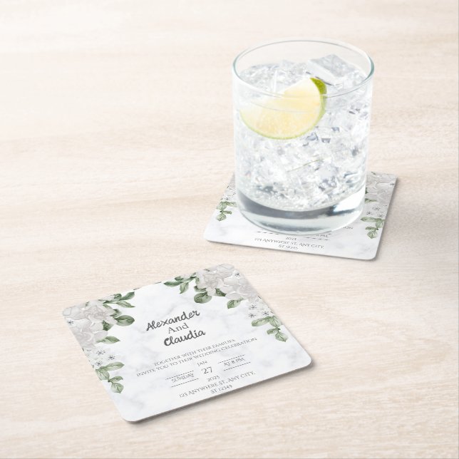 Dessous De Verre Carré Mariage à fleurs vert Elgant (En situation)
