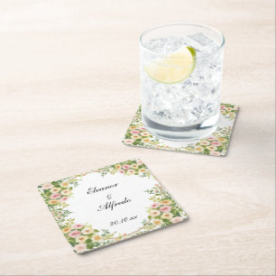 Dessous De Verre Carré Mariage à la rose aquarelle