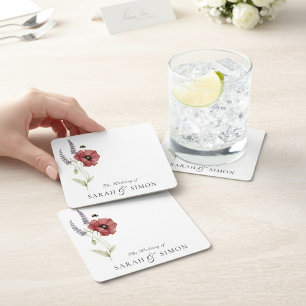 Dessous De Verre Carré Mariage aquarelle florale abeille lavande coquelic