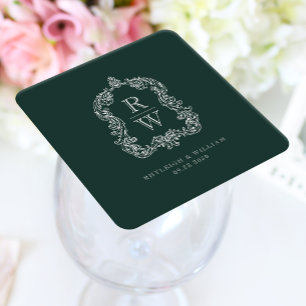 Dessous De Verre Carré Mariage au Vert de la Forêt avec Blason de Monogra
