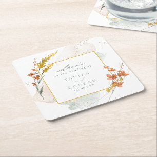 Dessous De Verre Carré Mariage aux fleurs sauvages aquarelle Bienvenue or