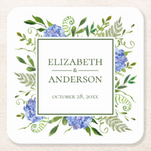 Dessous De Verre Carré Mariage aux Hortensias Bleus