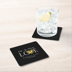 Dessous De Verre Carré Mariage Black Gold Heart Nom du script Mr et Mrs.