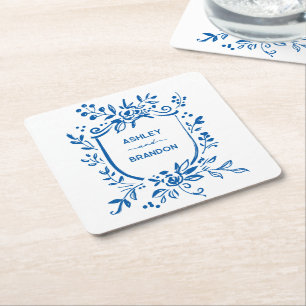 Dessous De Verre Carré Mariage Blason Botanique Bleu Français Fantaisiste