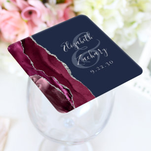 Dessous De Verre Carré Mariage bleu marine argenté écriture manuscrite ag