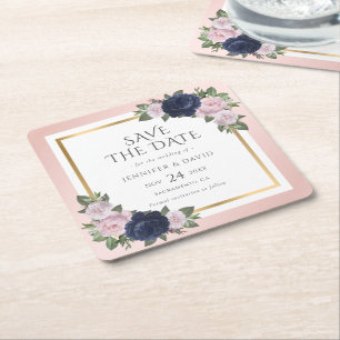 Dessous De Verre Carré Mariage bleu marine et rose vif Enregistrer la dat