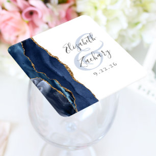 Dessous De Verre Carré Mariage bleu marine or Agate Geode Script