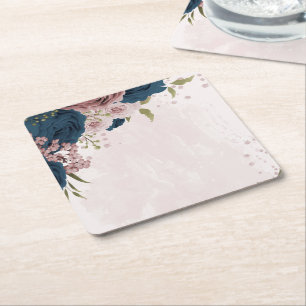 Dessous De Verre Carré mariage botanique bleu marine rose