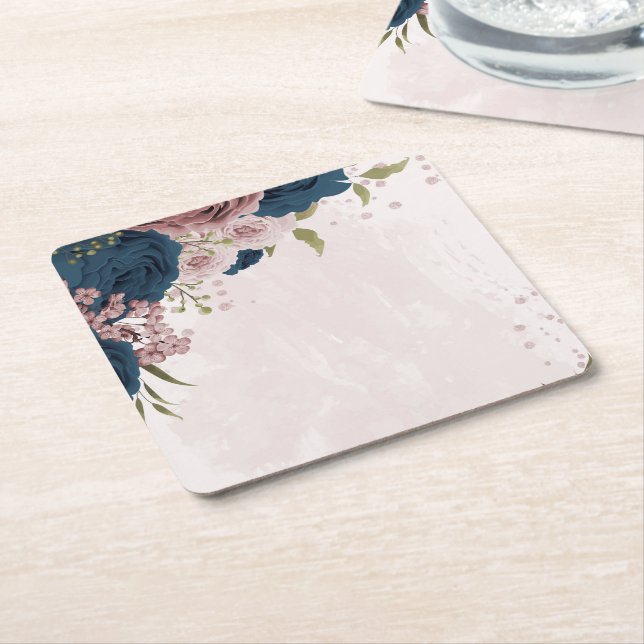 Dessous De Verre Carré mariage botanique bleu marine rose (Incliné)