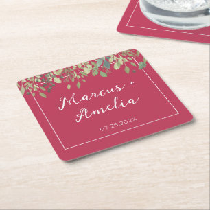 Dessous De Verre Carré Mariage branché Magenta & Eucalyptus