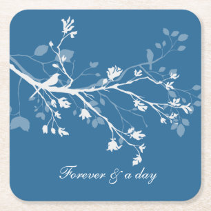 Dessous De Verre Carré Mariage Branches d'oiseau bleu blanc