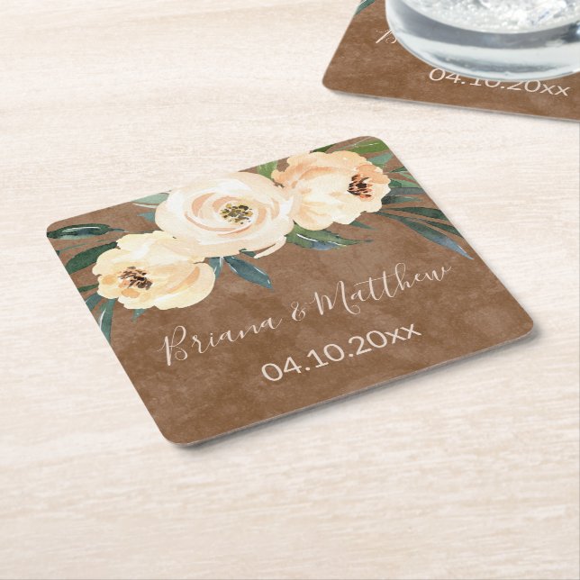 Dessous De Verre Carré Mariage Brown beige floral (Incliné)