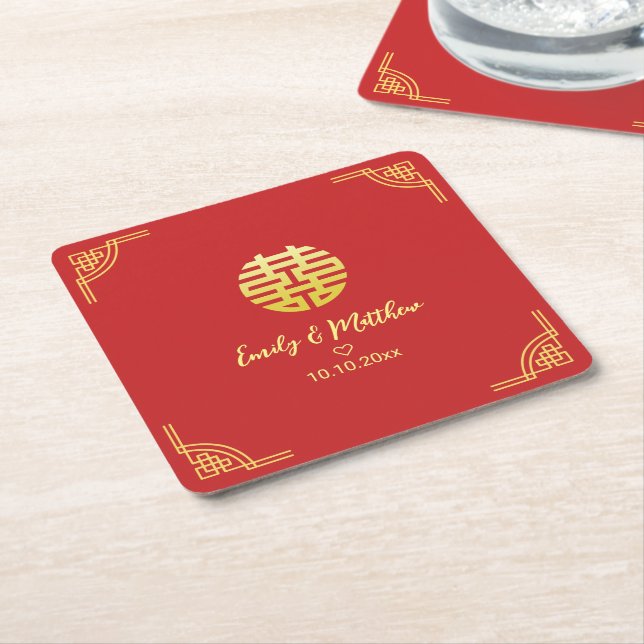 Dessous De Verre Carré Mariage chinois cadre doré double xi (Incliné)