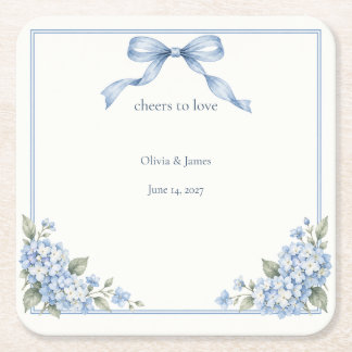 Dessous De Verre Carré Mariage Cocktail Hydrangea Bleu Poussiéreux Ruban