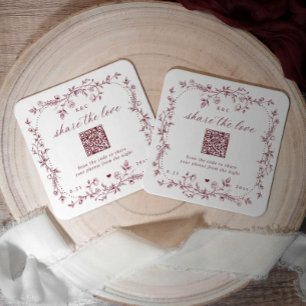 Dessous De Verre Carré Mariage Code QR Fleurs de Français Bourgogne Rouge