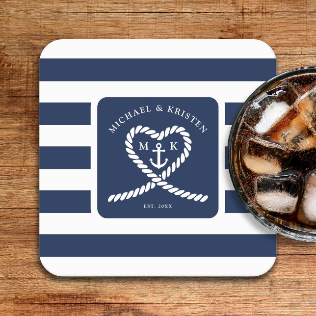 Dessous De Verre Carré Mariage d'Ancre du coeur rayé bleu marine (Nautical Blue Striped Heart Anchor Wedding Square Paper Coaster
)