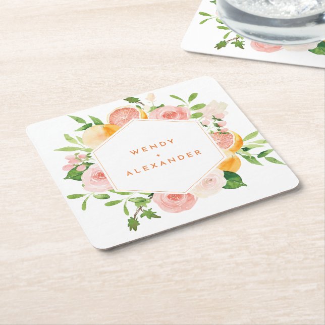 Dessous De Verre Carré Mariage d'aquarelle Citrus (Incliné)