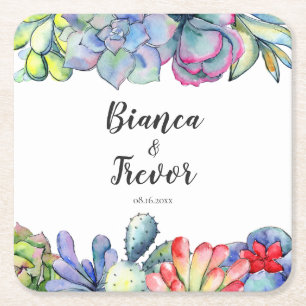Dessous De Verre Carré Mariage d'aquarelle de cactus succulent