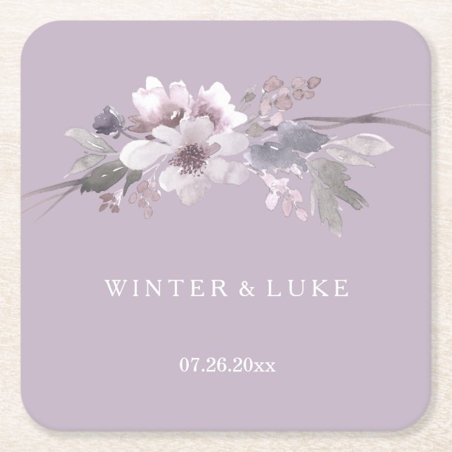 Dessous De Verre Carré Mariage d'aquarelle florale violet moderne (Devant)