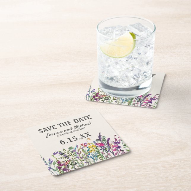 Dessous De Verre Carré Mariage Date de sauvegarde Aquarelle Fleurs sauvag (En situation)