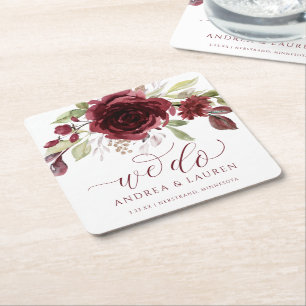 Dessous De Verre Carré Mariage d'automne Bourguignon Fleurs Feuillage Rou