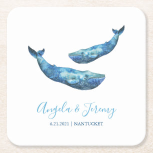 Dessous De Verre Carré Mariage de baleine bleu aquarelle
