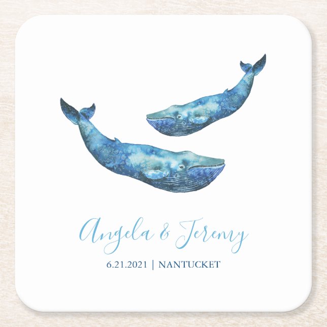Dessous De Verre Carré Mariage de baleine bleu aquarelle (Devant)