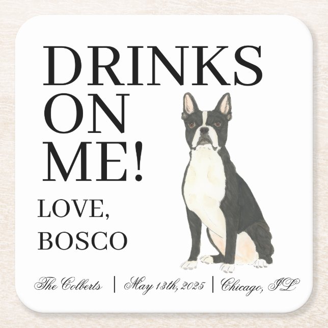 Dessous De Verre Carré Mariage de Boston Terrier (Devant)