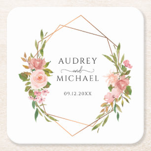 Dessous De Verre Carré Mariage de cadre géométrique rose flou