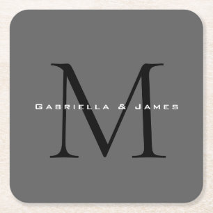 Dessous De Verre Carré Mariage de calligraphie gris-noir monogramme