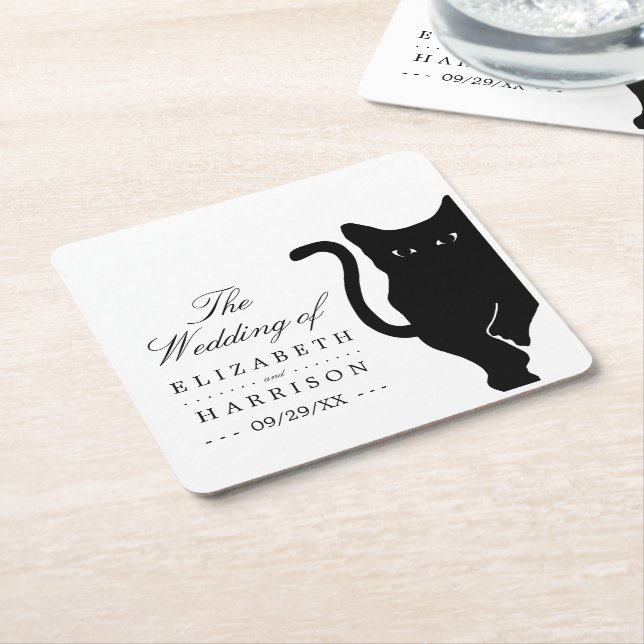 Dessous De Verre Carré Mariage de chat noir Whimsical moderne (Incliné)