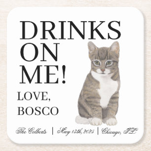 Dessous De Verre Carré Mariage de chat Tabby gris personnalisé