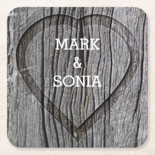 Dessous De Verre Carré Mariage de coeur sculpté en bois