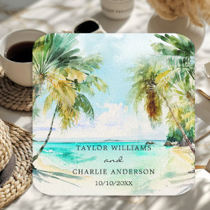 Dessous De Verre Carré Mariage de Destination sur une Plage Tropicale