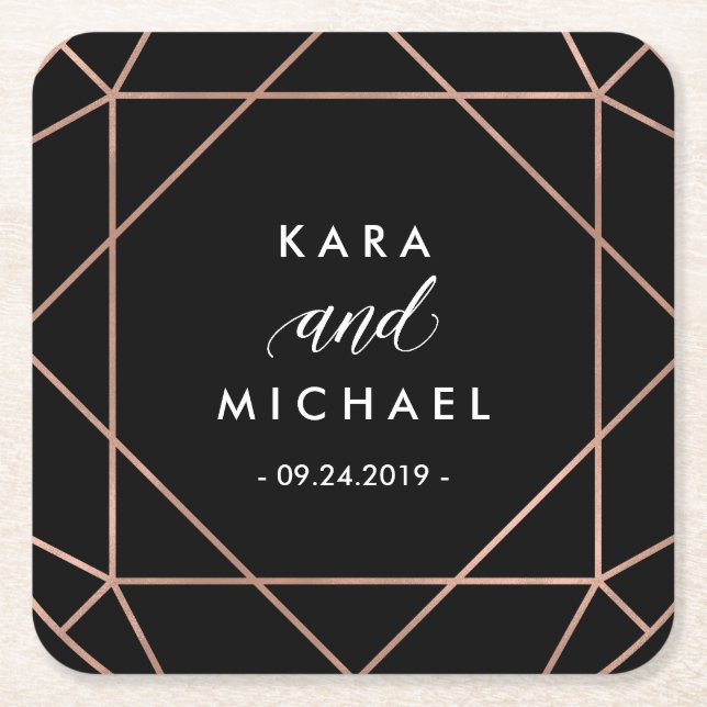 Dessous De Verre Carré Mariage de diamant géométrique moderne noir (Devant)
