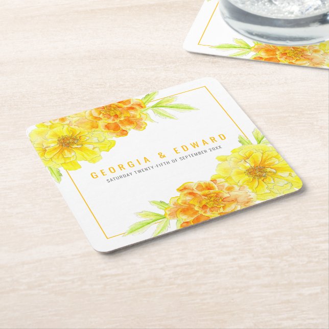Dessous De Verre Carré Mariage de fleurs d'aquarelle jaune marigold (Incliné)