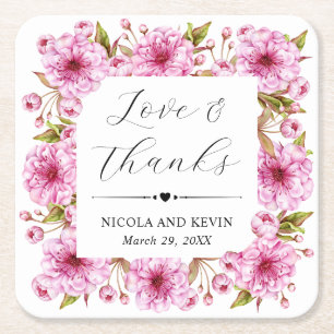 Dessous De Verre Carré Mariage de fleurs de cerisier rose Aquarelle