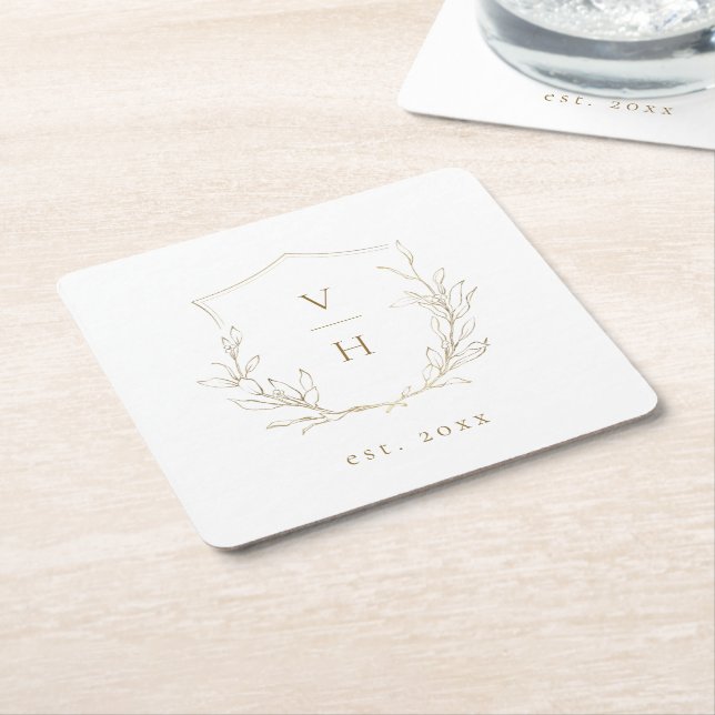 Dessous De Verre Carré Mariage de monogramme d'écusson botanique simple e (Incliné)