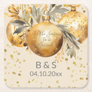 Dessous De Verre Carré Mariage de Noël beige or