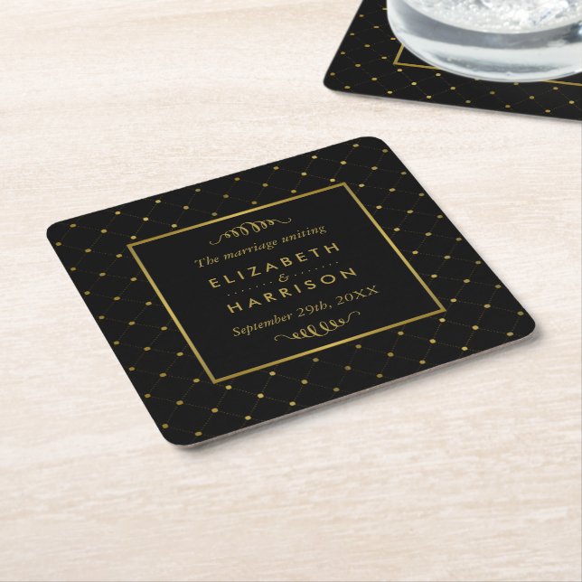 Dessous De Verre Carré Mariage d'effet Black & Gold moderne (Incliné)