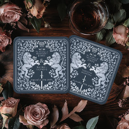 Dessous De Verre Carré Mariage d'épée médiévale Silver Blue Royal Lion