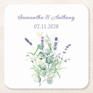 Dessous De Verre Carré Mariage des herbes d'aquarelle Lavender Eucalyptus