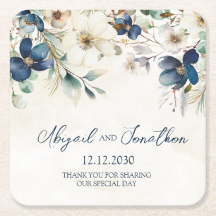 Dessous De Verre Carré Mariage d'hiver floral bleu élégant