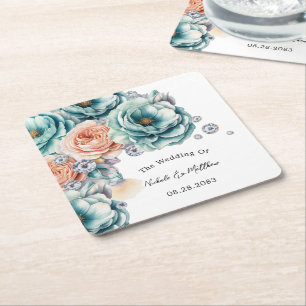 Dessous De Verre Carré Mariage diamant Turquoise et Pêche Rose