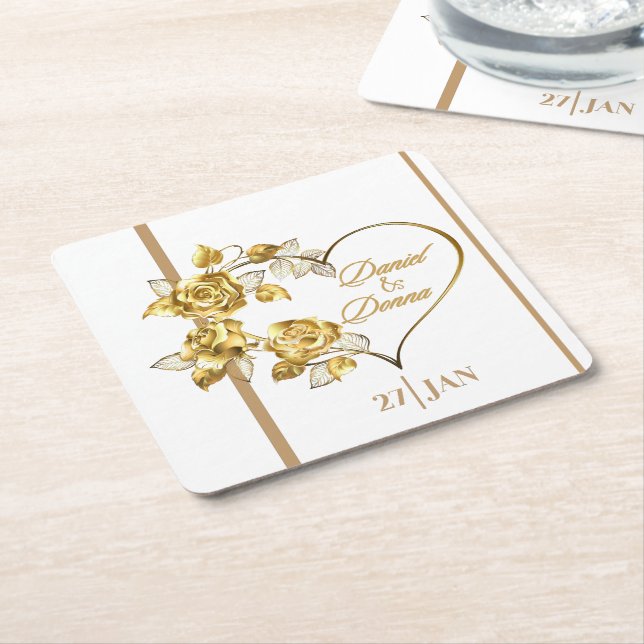 Dessous De Verre Carré Mariage doré personnalisé (Incliné)