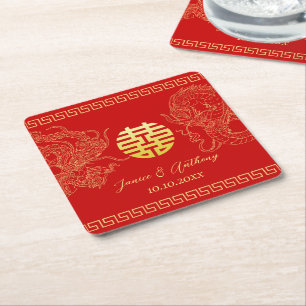 Dessous De Verre Carré Mariage dragon phénix réception chinois rouge