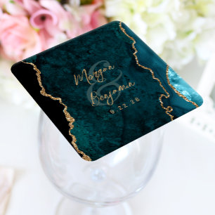 Dessous De Verre Carré Mariage écriture or agate bleu sarcelle