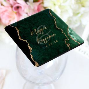 Dessous De Verre Carré Mariage Écriture Or Agate Vert Émeraude