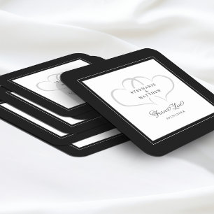 Dessous De Verre Carré Mariage Élégant Noir & Blanc Cœurs Amour Éternel
